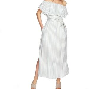 1.STATE XS Maxi Dress Blue White Striped Off Shoulder Ruffle Belted NWT